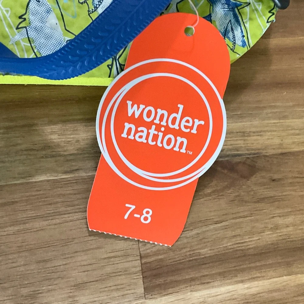 wonder nation Blue Strap Flip Flops with Green Shark Print